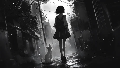 Silhouetted schoolgirl and cat in narrow urban alleyway.