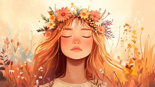 Serene flower-crowned girl basks in warm golden daylight