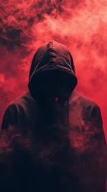 Hooded figure stands in dense red smoke with hidden face