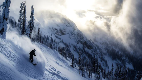 Backcountry skier carves steep powder under dramatic mountain light