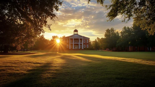 Neoclassical campus hall at sunrise in symmetrical landscape design.