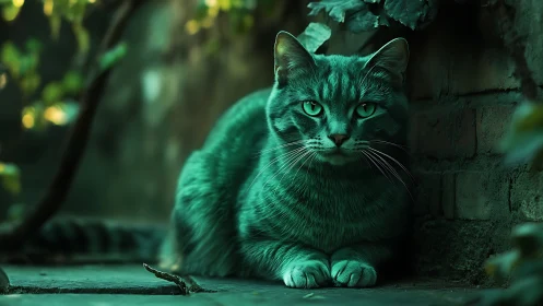 Watchful cat emerges from emerald shadows in moody urban garden.