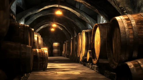 Dimly lit cellar corridor lined with large wooden barrels.