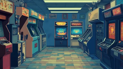 Retro-style arcade room with lined gaming cabinets.
