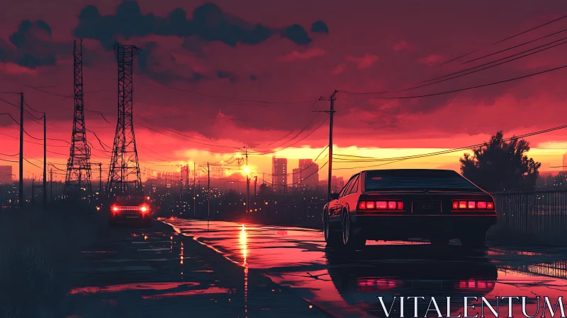 Crimson city sunset drive along rain-soaked streets.