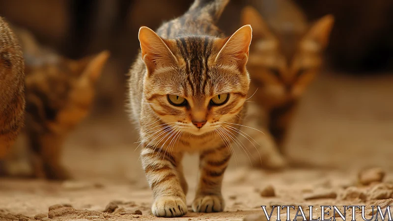 Tabby Cat on Dusty Ground with Alert Gaze