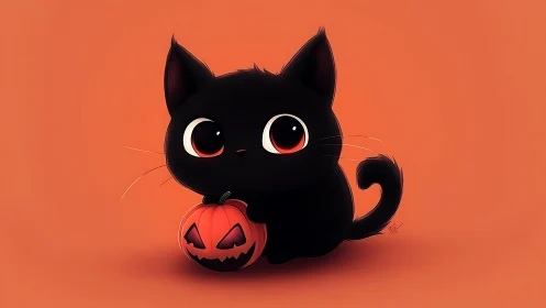 Charming Black Kitten Celebrates Halloween with Pumpkin