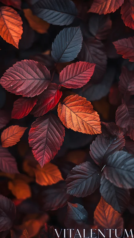 Crimson dusk leaves glowing against moody midnight foliage.