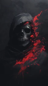 Hooded skull figure with red paint streak across face.