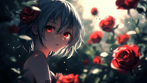 Melancholic anime girl amid glowing red rose garden.