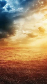 Desert field under dramatic blue and golden sky contrast