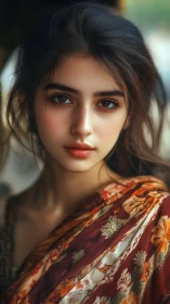 Portrait of young woman in patterned shawl, soft focus.