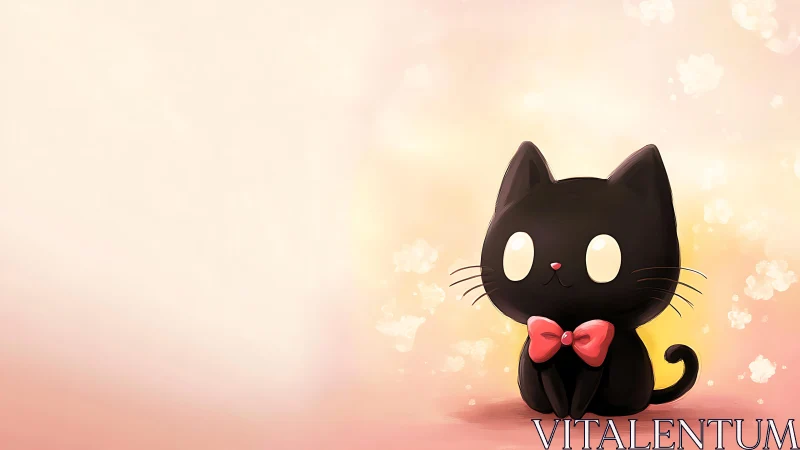 Black cartoon cat with red bow on pastel background.