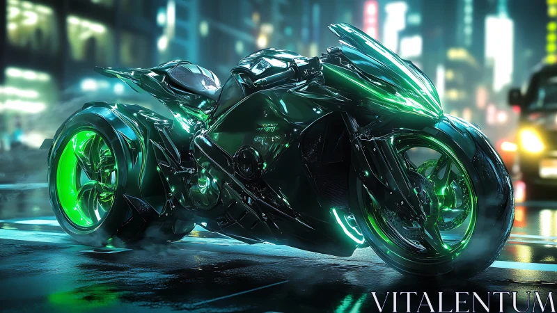 Neon night rider: sleek green cyber bike in city rain.