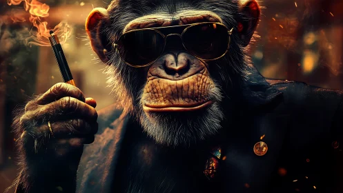 Smoking chimp in tailored suit under molten neon glow.