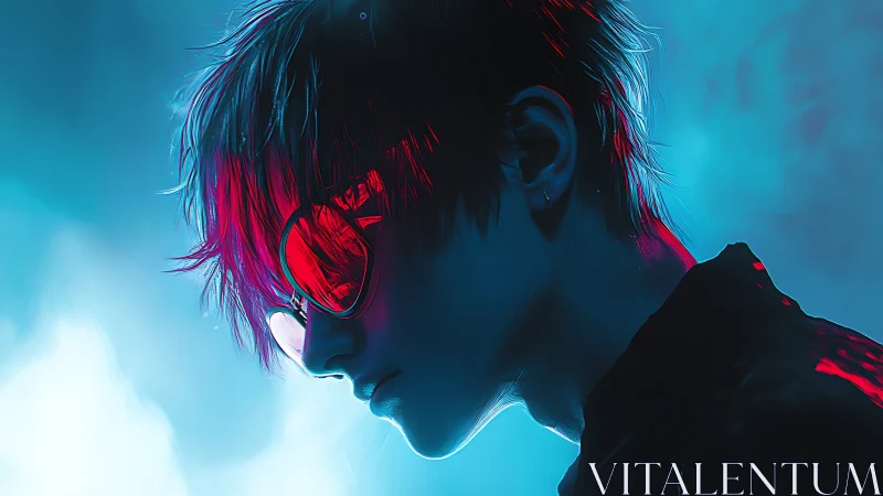 Profile portrait of figure in neon cyan and red side lighting