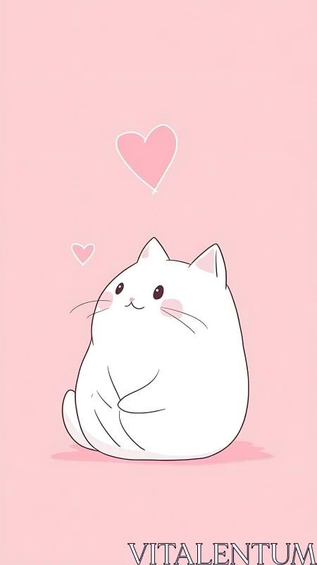 Plump White Cat with Floating Hearts on Pink Background