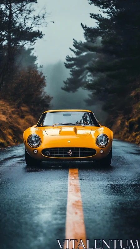 Yellow grand tourer on wet forest road, telephoto perspective.