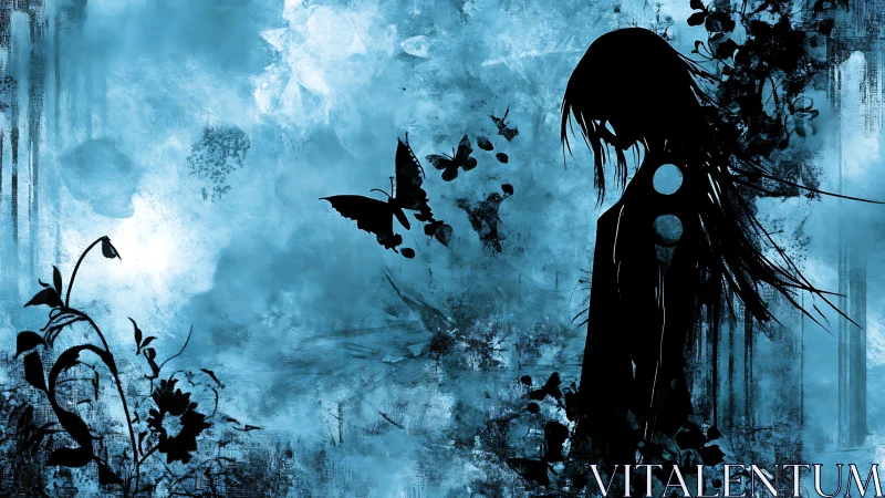 Silhouetted girl with butterflies in grunge cyan abstract field