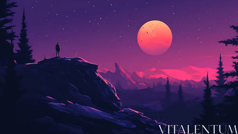 Lone stargazer under a neon dusk moonrise panorama.