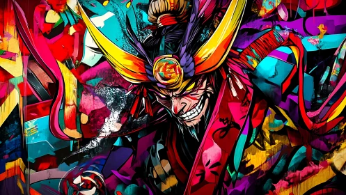 Neon samurai portrait explodes in angular graffiti chromatics