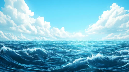 Dynamic mid-ocean wave field under cumuliform skyscape.