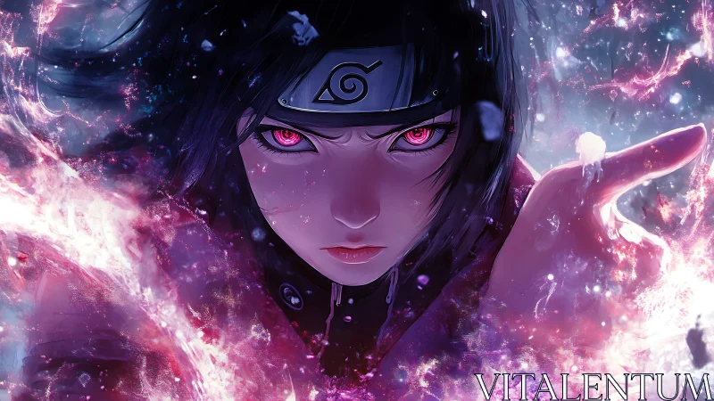 Intense ninja portrait channels glowing pink eye energy