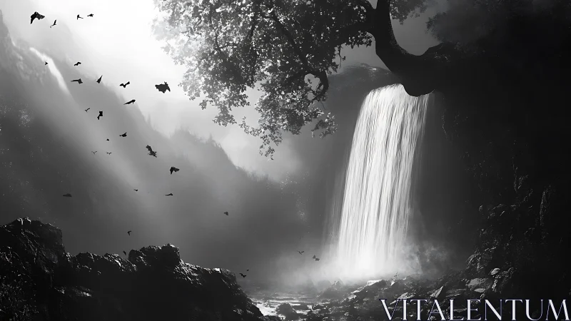 Moonlit waterfall pours through mist beside dark rocky gorge