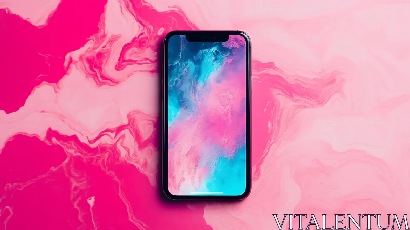 Smartphone with Gradient Wallpaper Against Liquid Pink Background