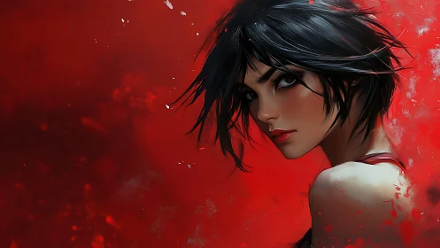 Dark haired woman against red abstract digital background.