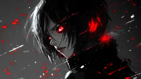 Anime portrait with red spectral energy and dark contrast.