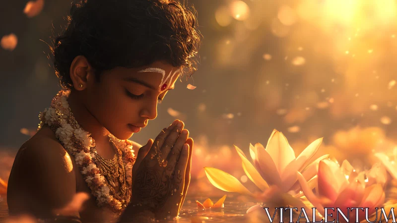 Child in sacred lotus pond bows in golden evening prayer