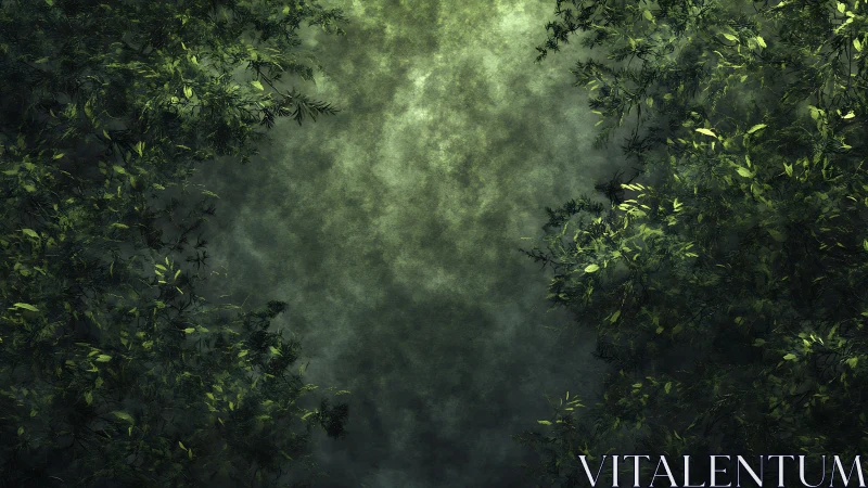 Misty Forest Canopy with Dappled Light Filtering Through.