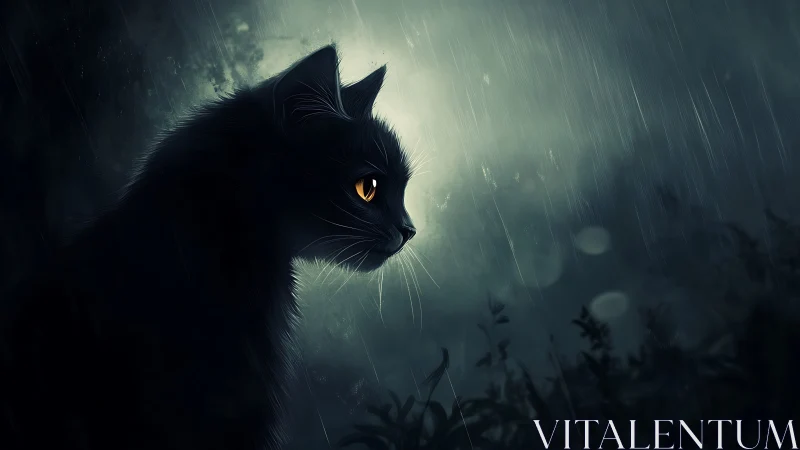 Backlit black cat profile under directional nocturnal rainfall study