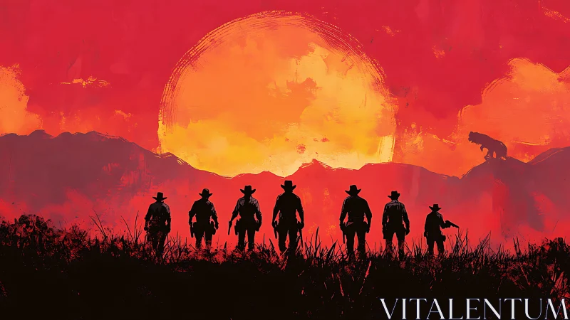 Silhouetted cowboys stand before oversized red sunset sky