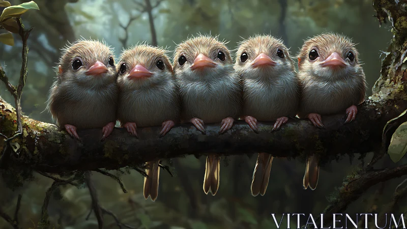 Five adorable fluffy baby birds perched on a branch, digital art style.