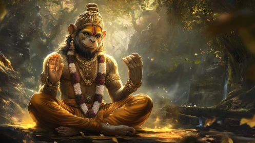 Serene monkey sage meditates in a golden forest sanctuary