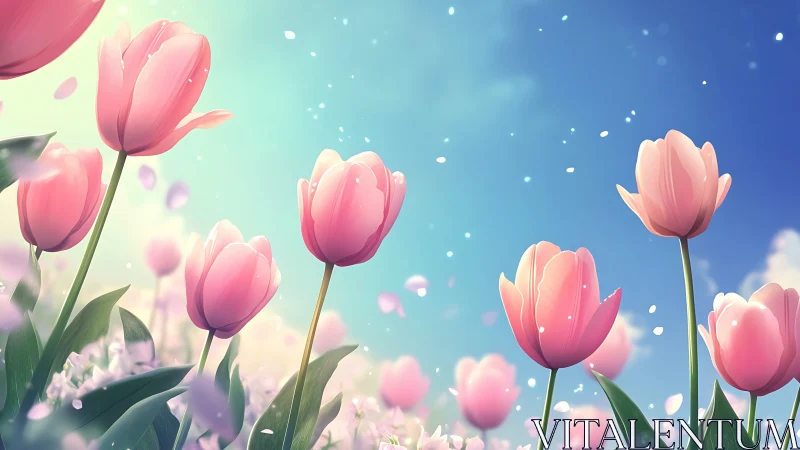 Pink Tulips in Gradient Sky with Particle Effects.