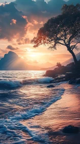 Sunset surf glows beneath a lone tree on rocky shoreline