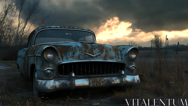 Rusting classic car sits abandoned under stormy sunset sky