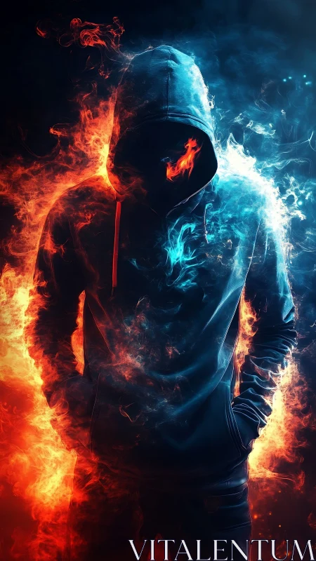 Hooded figure forged from dual fire and ice flames.