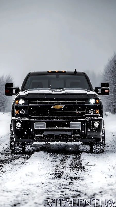 Black Chevrolet pickup truck powers through snowy forest road