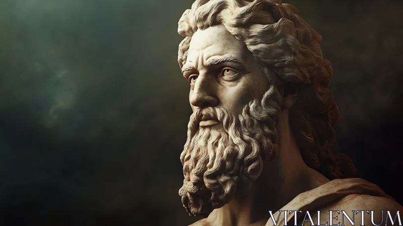 Marble bearded male statue rendered with dramatic side lighting