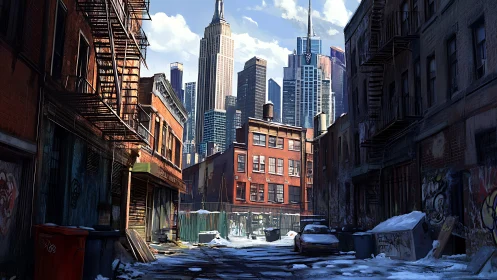Snow-dusted backstreet dreams beneath towering city spires.
