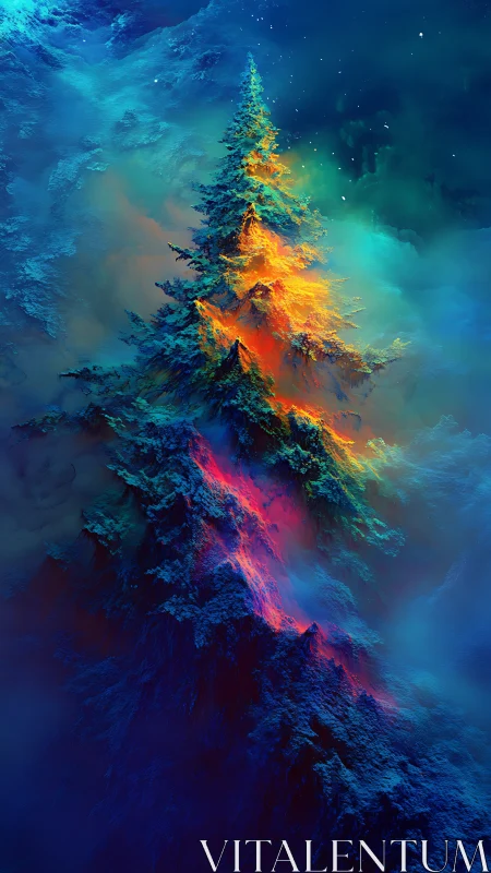 Luminous pine tree rising through vivid cosmic fog.