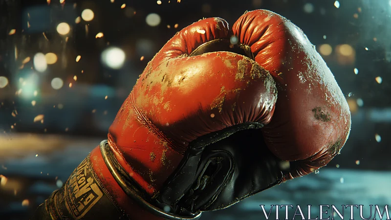 Red Boxing Gloves with Weathered Surface and Atmospheric Background