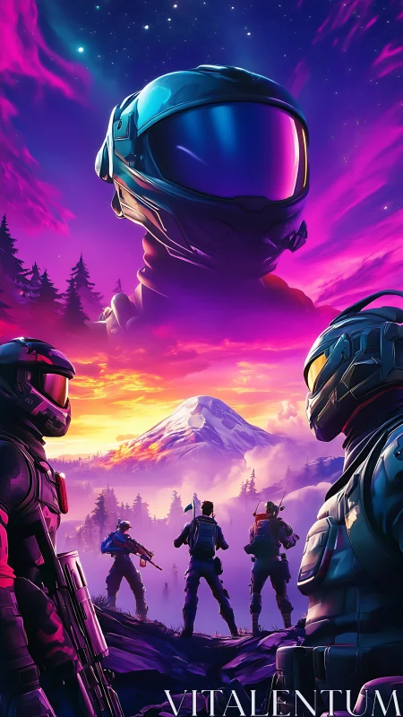 Futuristic soldiers under cosmic commander in neon dusk sky.