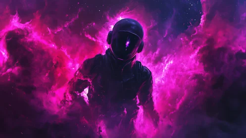Starlit wanderer strides through neon-magenta cosmic storm.