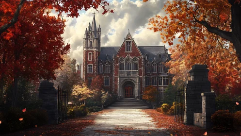 Neo-Gothic manor framed by luminous autumn foliage at dusk
