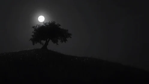 Lone hillside tree under luminous full moonlit night